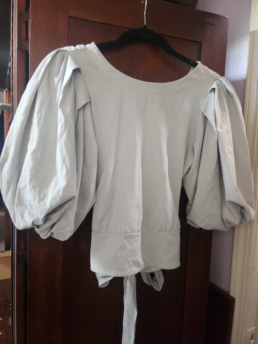 Express Pale Blue Puff-Sleeve Top with Back Tie
